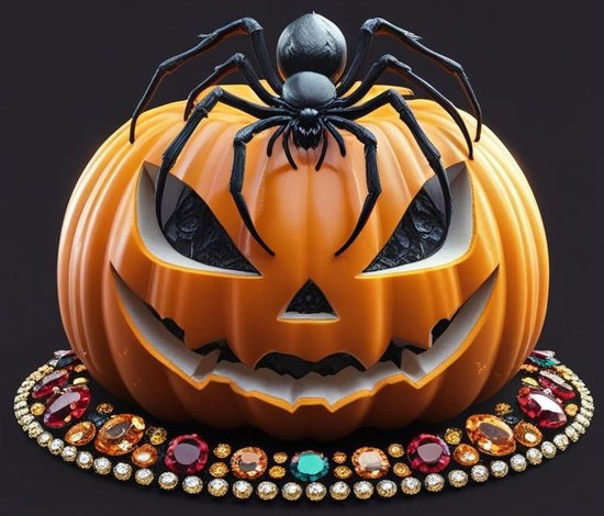 Citrouille effrayante décorée de bijoux et araignée noire pour illustrer le site prêtes à briller