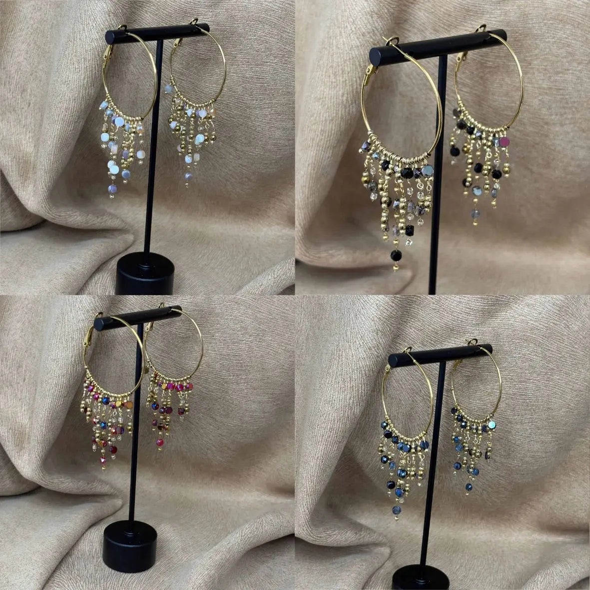 Boucles d'oreilles créoles dorées 3,5cm avec breloques perles de verre colorées. Acier inoxydable hypoallergénique. Style bohème chic.