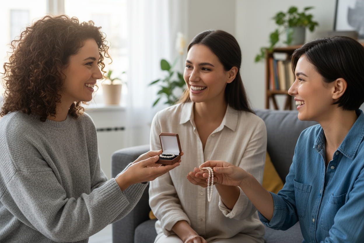 Trois femmes ensemble qui sourient avec des bijoux à la main