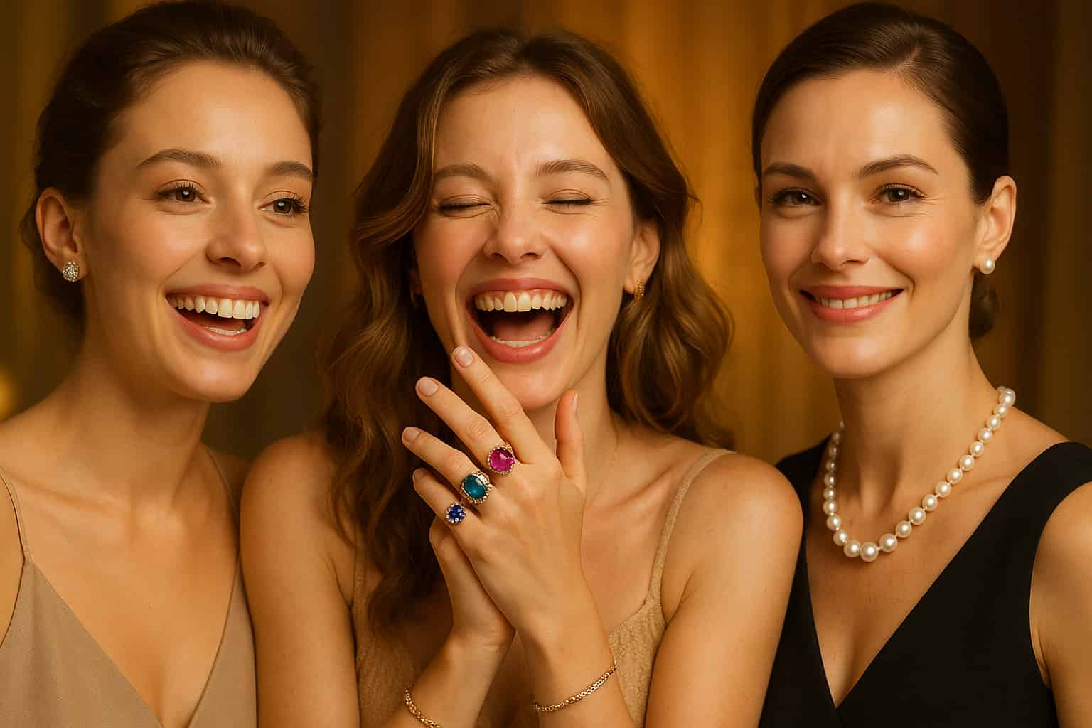 Trois femmes qui portent des bijoux fantaisie et qui rigolent
