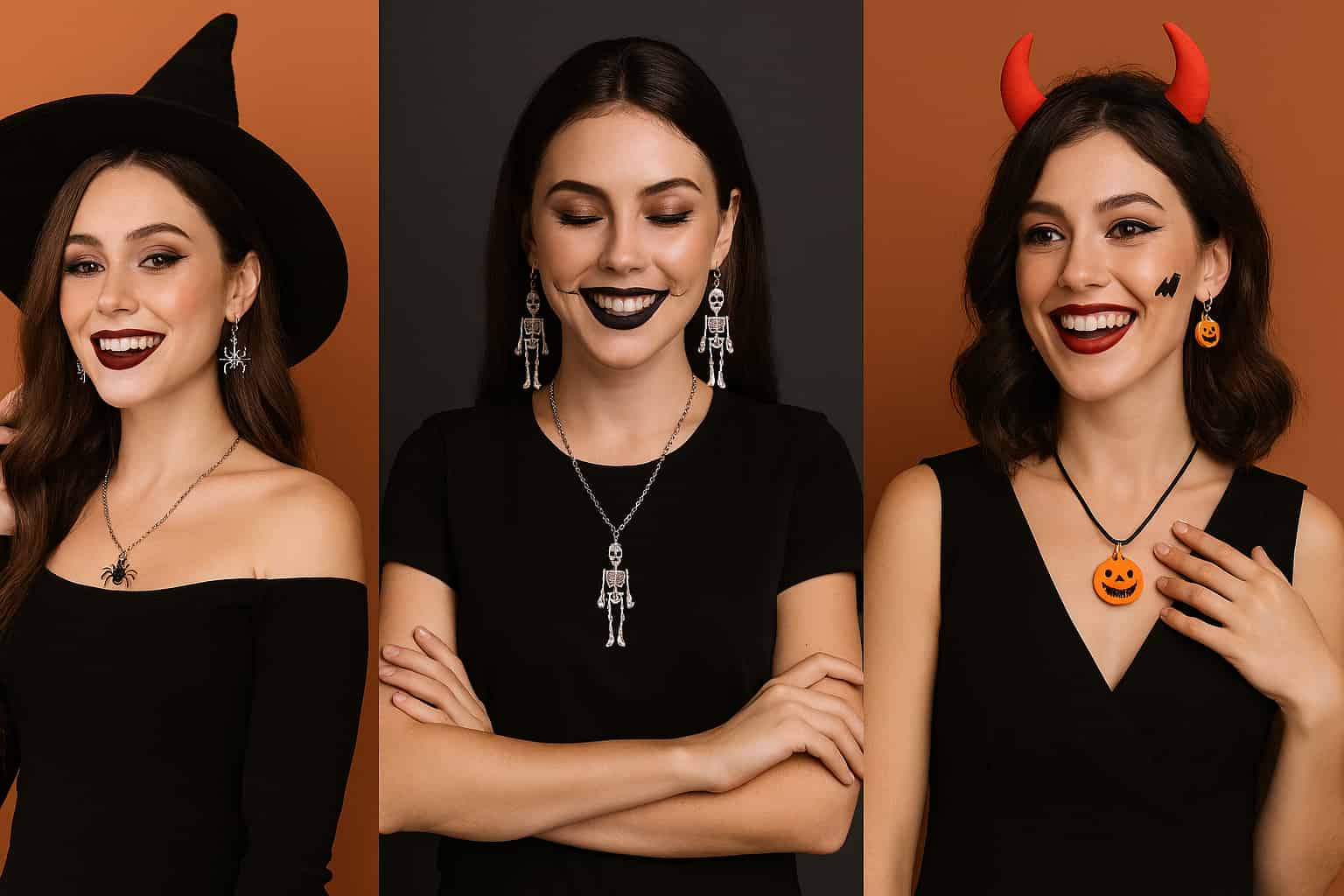 Trois femmes qui portent des déguisements et des bijoux Halloween Image