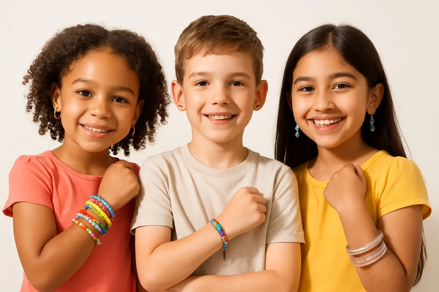 Trois enfants portant des bracelets colorés