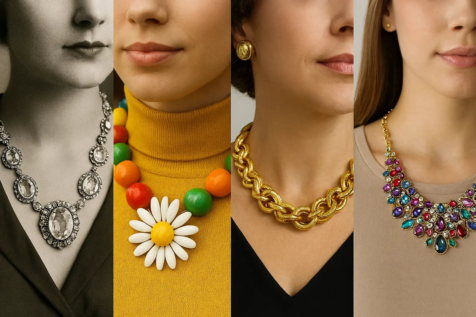 Photos de quatre femmes à différentes époques qui portent des bijoux fantaisie