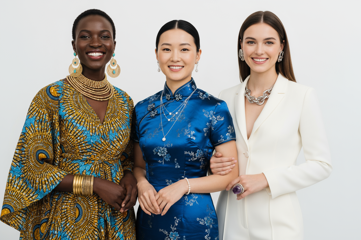 Une image avec trois femmes de différentes origines et différents habillement l'une à côté de l'autre qui portent des bijoux hautes fantaisie Image