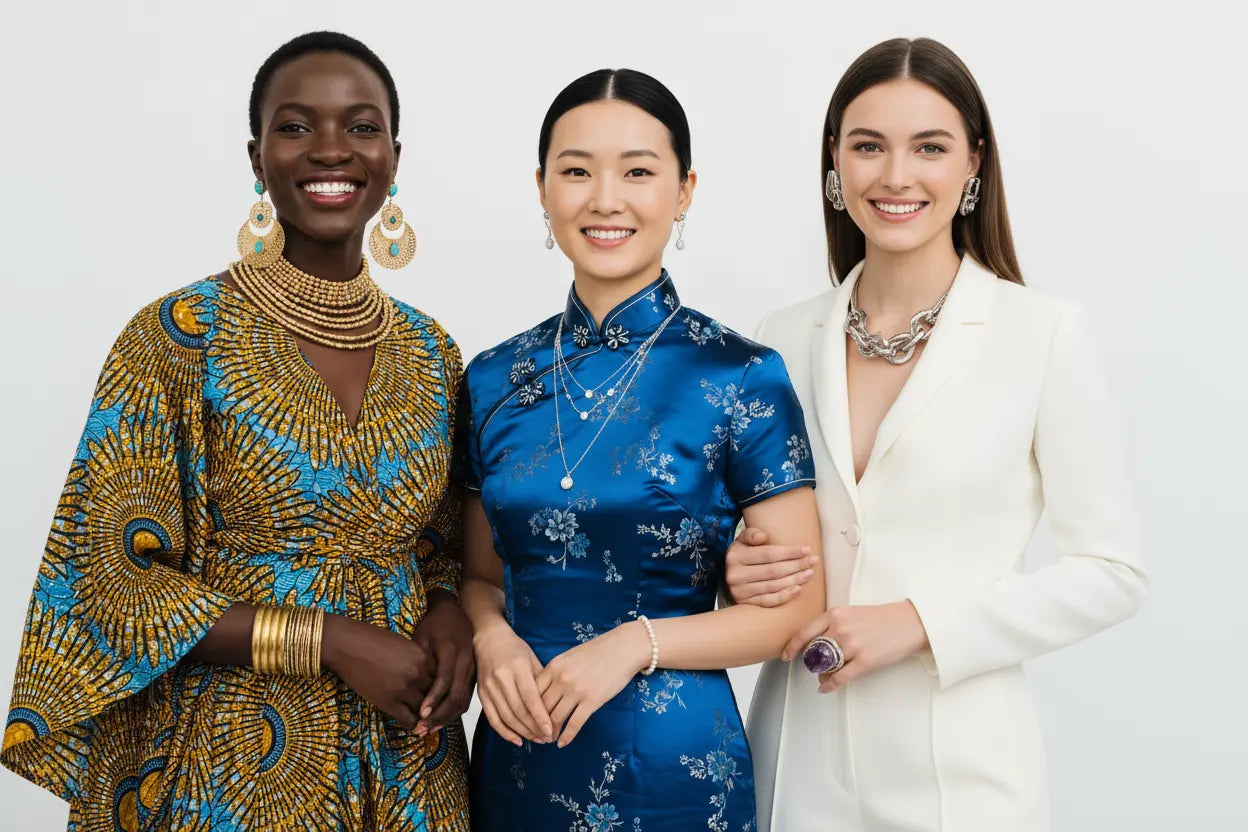 Une image avec trois femmes de différentes origines et différents habillement l'une à côté de l'autre qui portent des bijoux hautes fantaisie