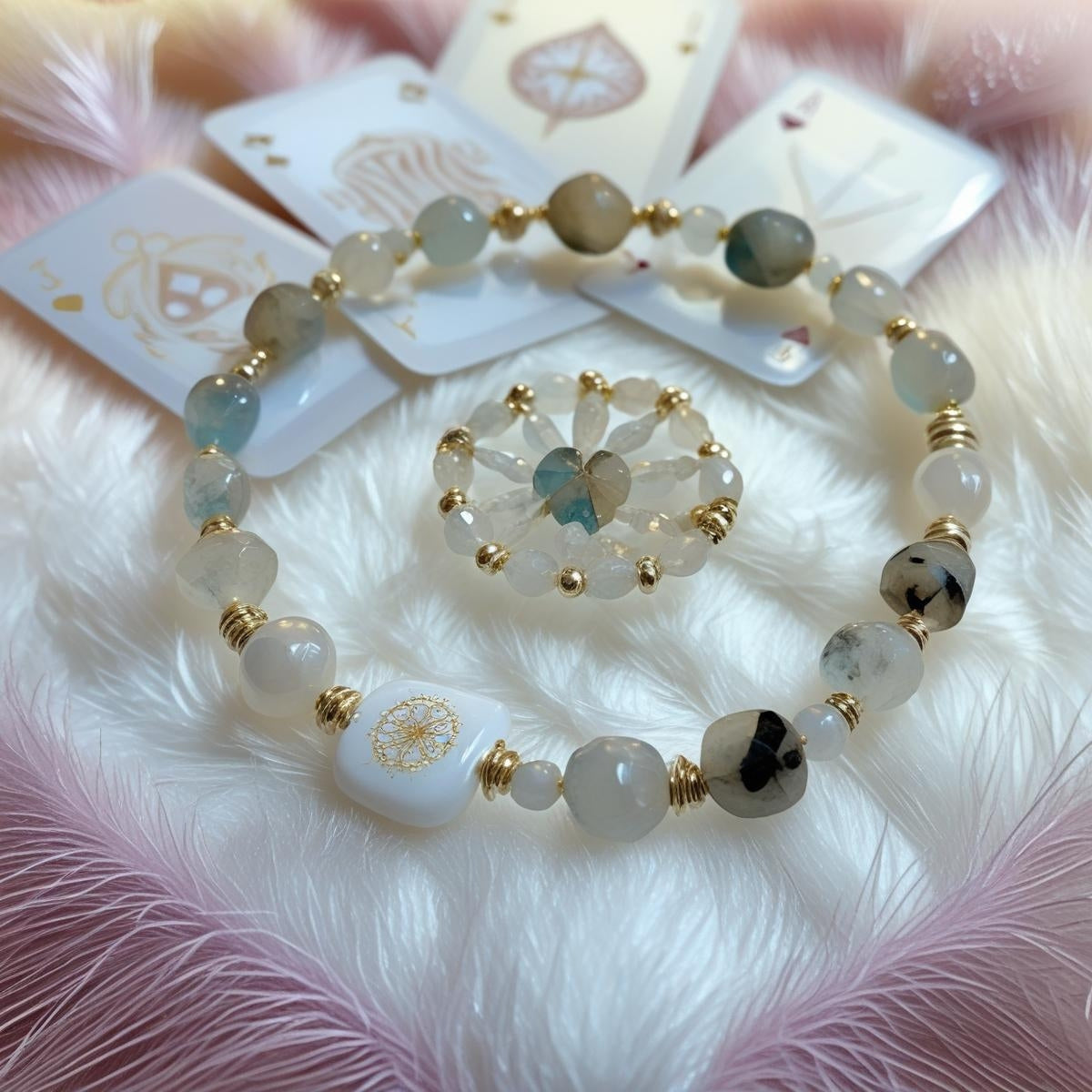Un bracelet en perles avec des cartes de tarots tout autour Image