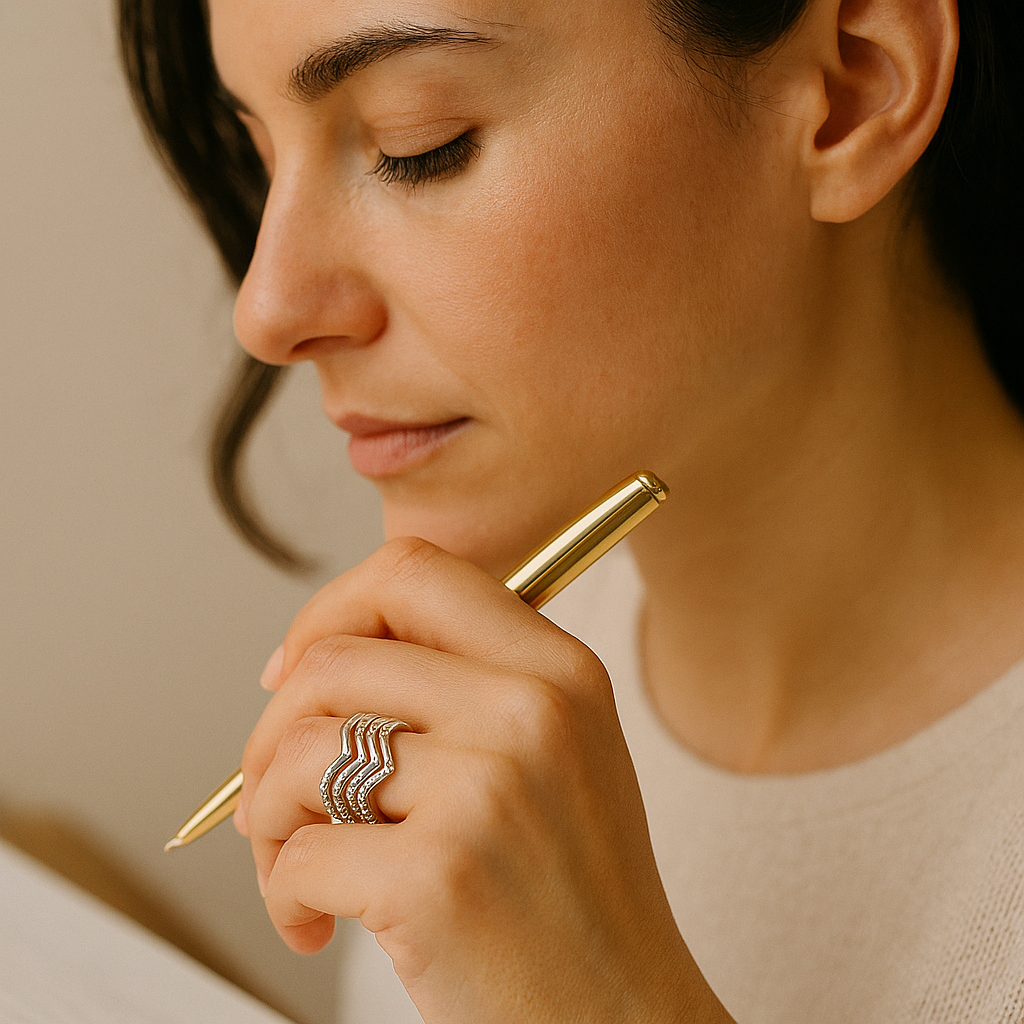 Gros plan d'une femme la trentaine qui écrit avec un stylo bille doré dans la main droite en gros plan portant un bague Image