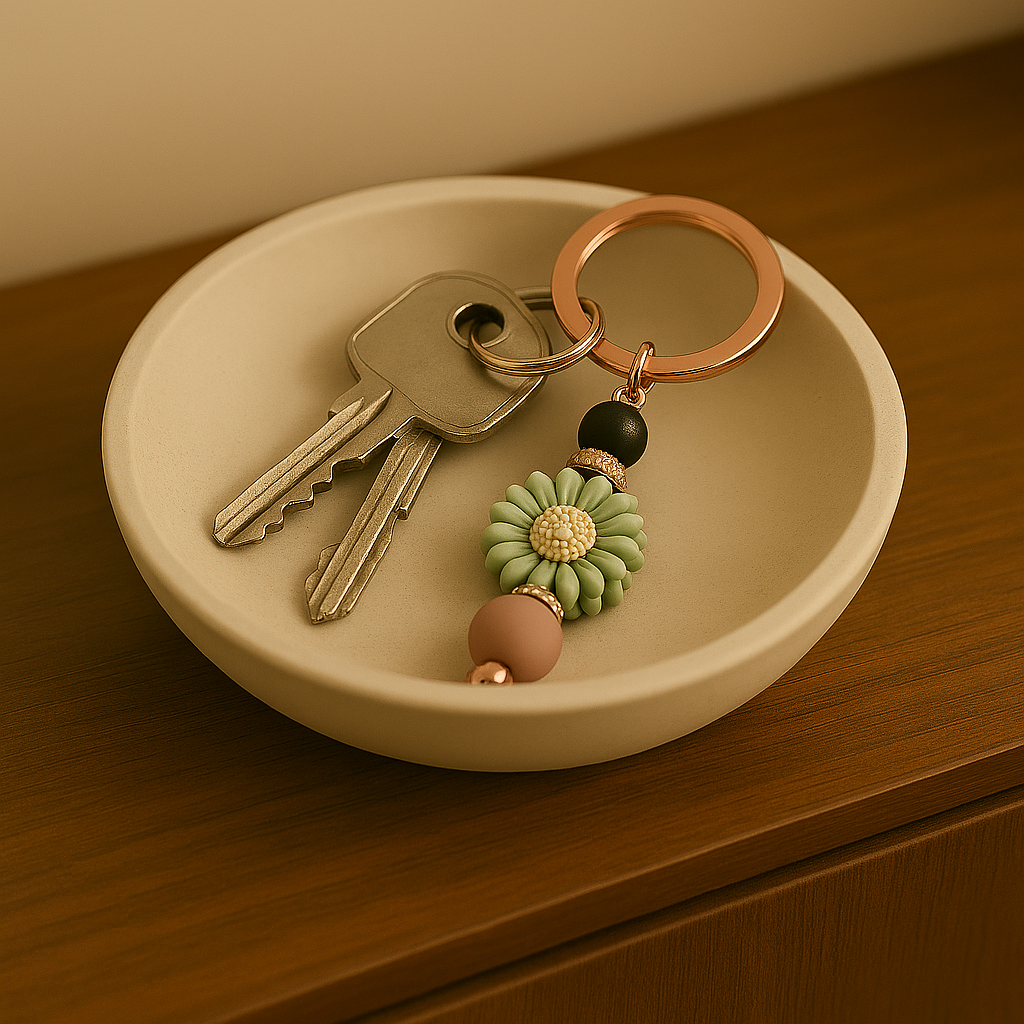 Dans une coupelle en plâtre blanc posé sur un meuble bas de couleur bois foncé, des clefs de maison reliées avec le porte clef Image