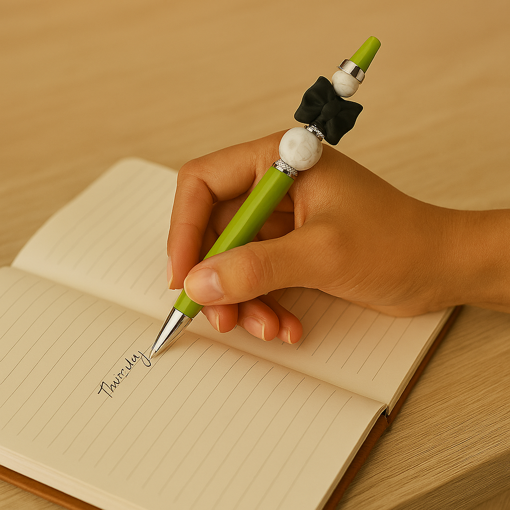 Sur une table beige en  bois un agenda ouvert de couleur marron, une main de femme écrivant avec le stylo Image