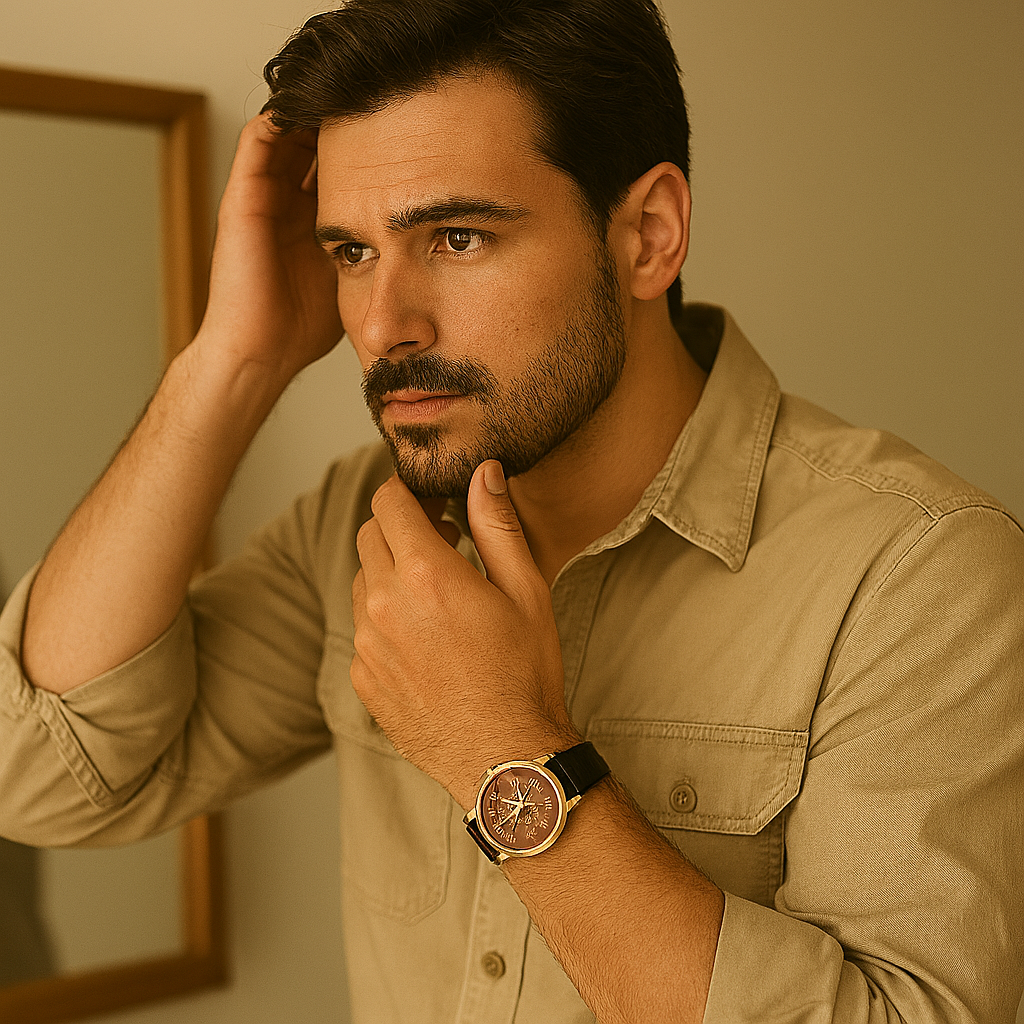 Un homme brun d'une trentaine d'année, légère barbe, en chemise beige manche retroussées style aventurier, se regarde dans un miroir et recoiffe sa barbe avec un montre au poignée Image