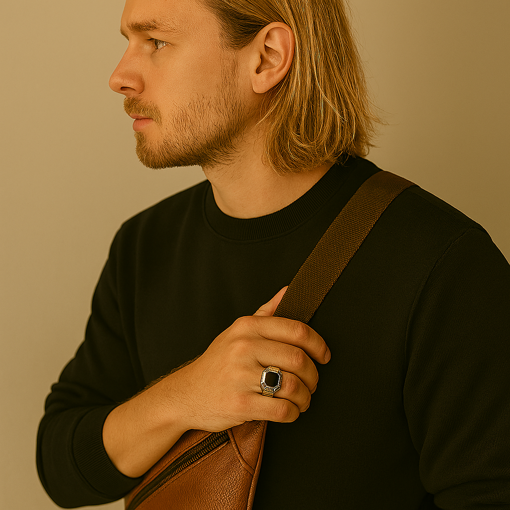 Un homme blond la trentaine cheveux mi-long vue de côté habillé sportwear avec une sacoche marron en bandoulière, sa chevalière à la main droite, sa main posée sur sa sacoche Image