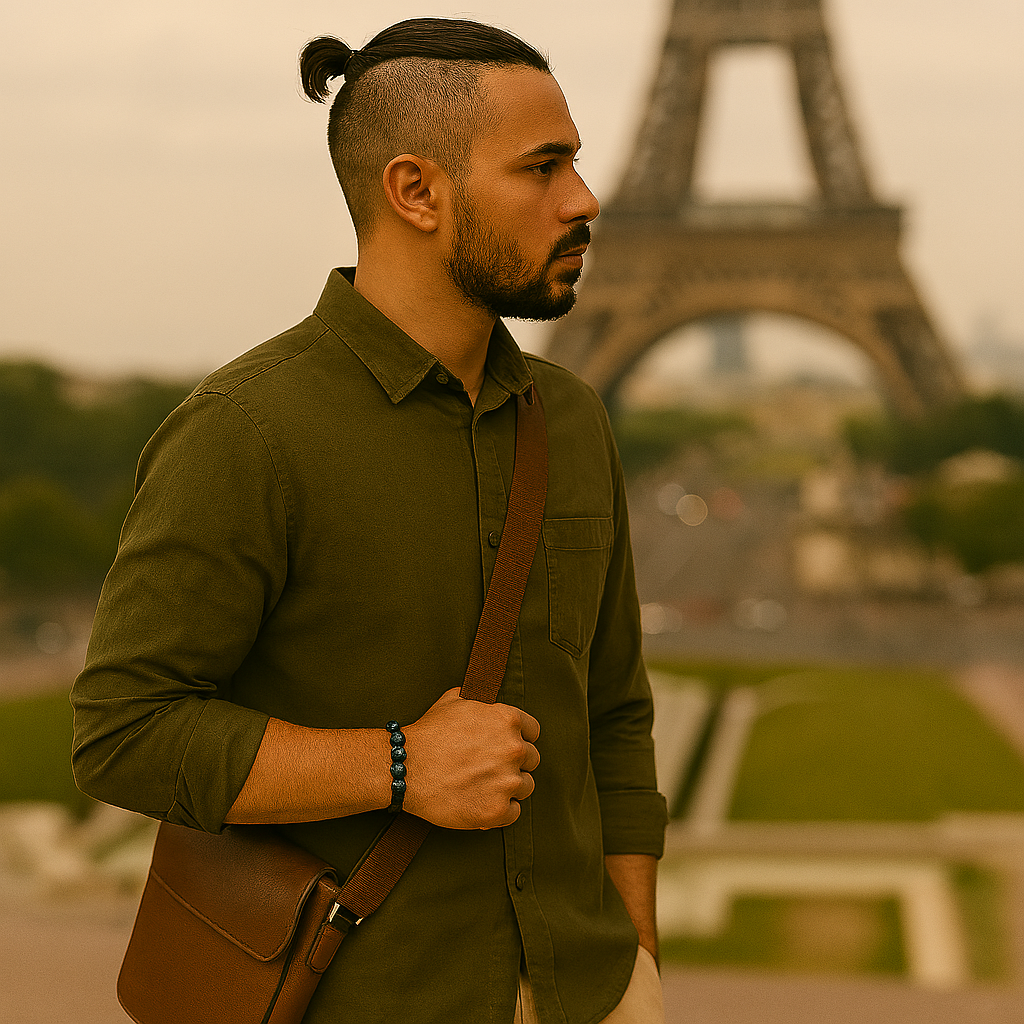 Un homme la trentaine avec une queue de cheval courte rasé sur les côtés et rasée sur les côtés, habillé d'un pantalon beige et d'une chemise kaki  en arrière plan la tour Eiffel Image