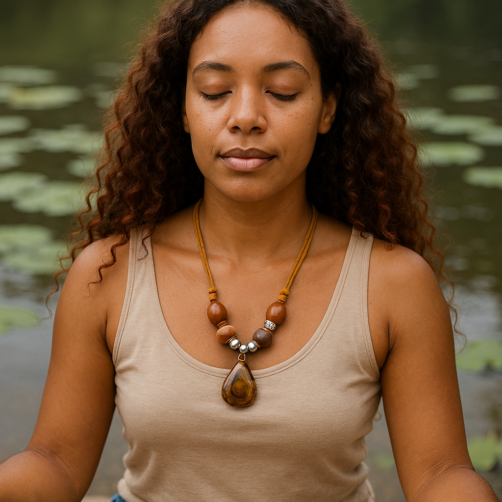 Une femme métisse d'une trentaine d'années assise en tailleur, les cheveux acajou long et bouclés  Les yeux fermés et qui porte le collier,  En arrière-plan un plan d'eau avec des nénuphars Image