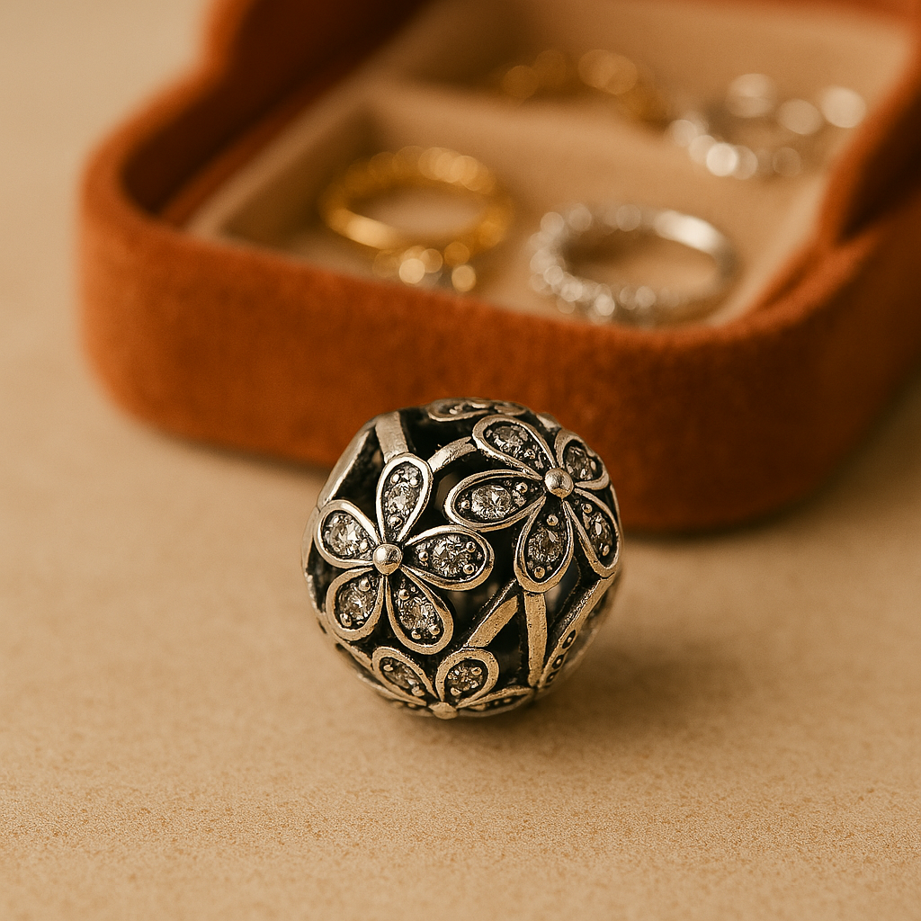 Un charms posé sur une table beige devant une boîte à bijoux de couleur rouille floutés avec des bijoux dedans Image