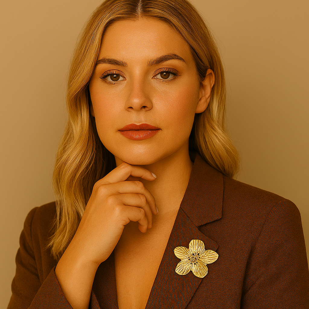 Photo en gros plan d'une femme blonde de teint halé de face maquillée portant un blaser marron chic et décontracté elle porte une broche doree Image