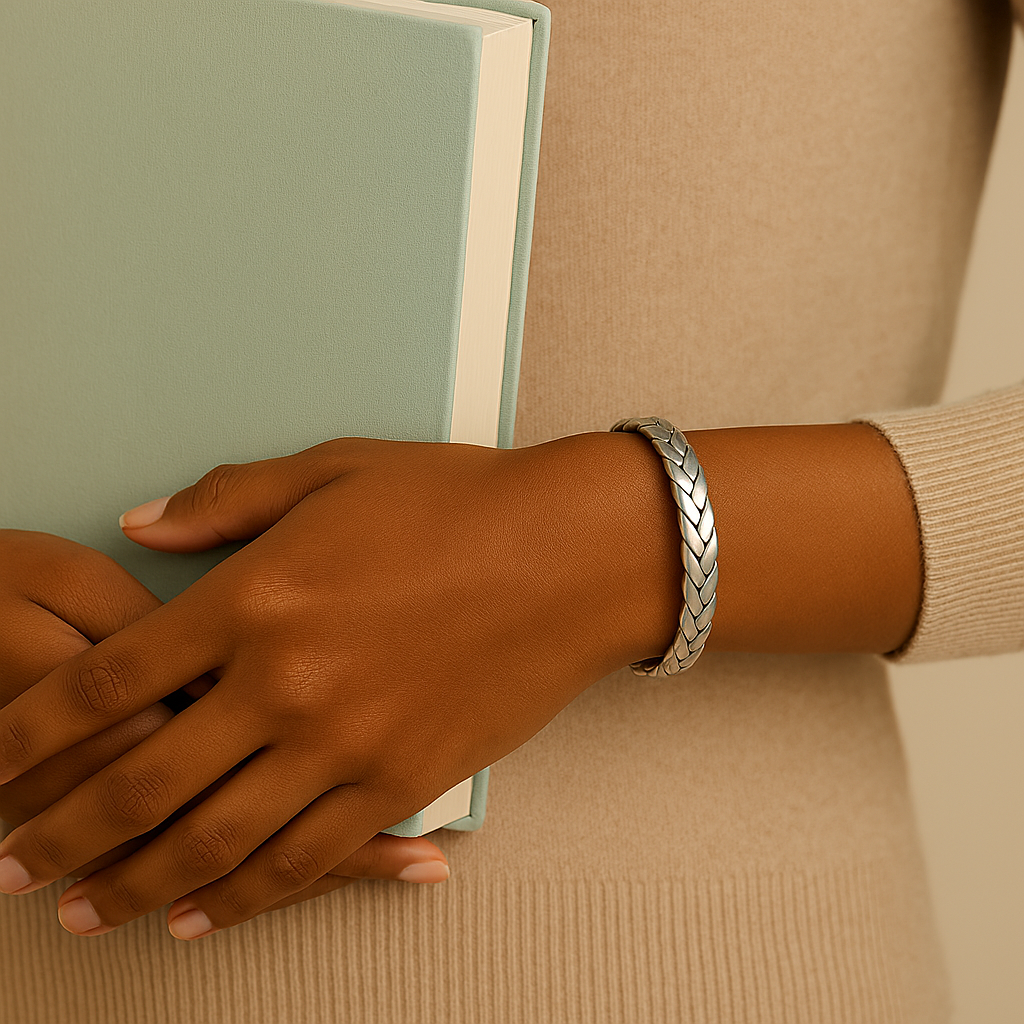 Gros plan sur les mains d'une femme métisse tenant un livre avec la couverture vert pale à la main, elle porte un bracelet argente Image