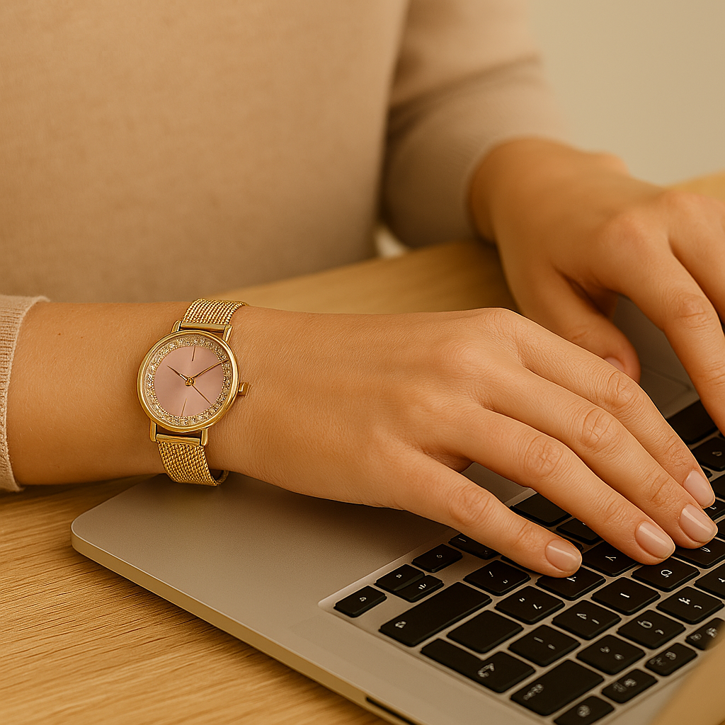 Gros plan sur les mains d'une femme blanche tapant au clavier d'un ordinateur, elle porte une montre Image