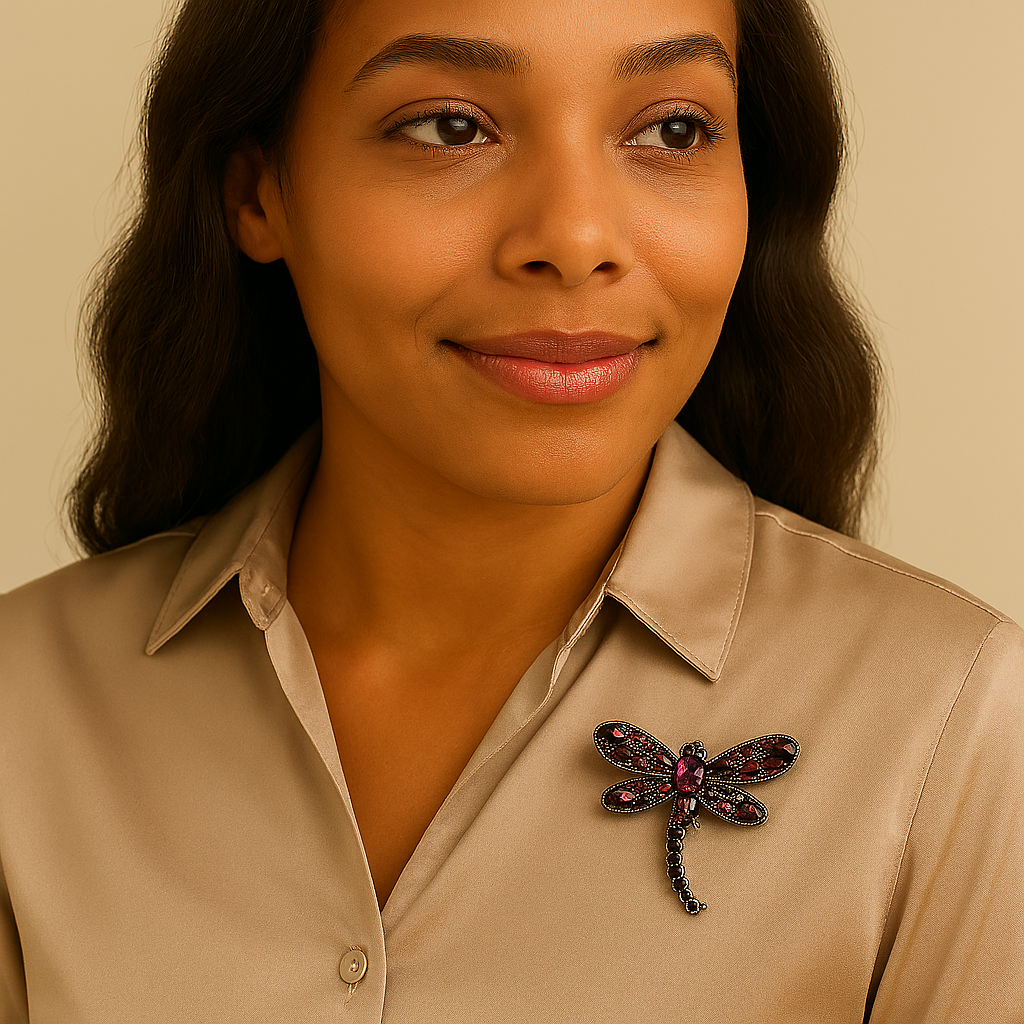 Gros plan d'une femme de face métisse, portant un chemisier beige satiné, elle porte une broche fantaisie  Image