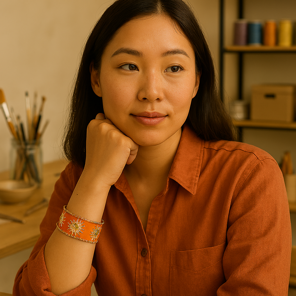 Gros plan d'une femme asiatique dans un atelier créatif , elle porte un bracelet fantaisie Image