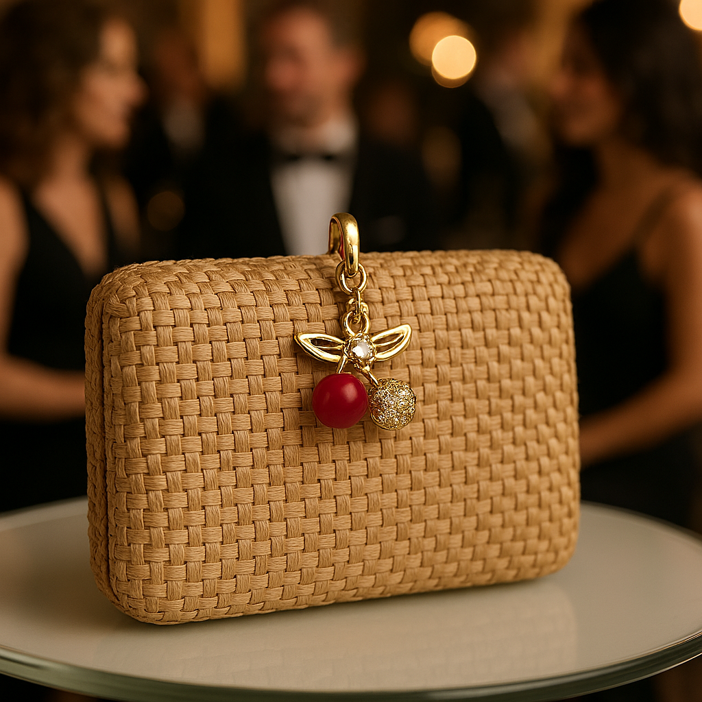 Sac à main beige avec un bijou à accrocher Image