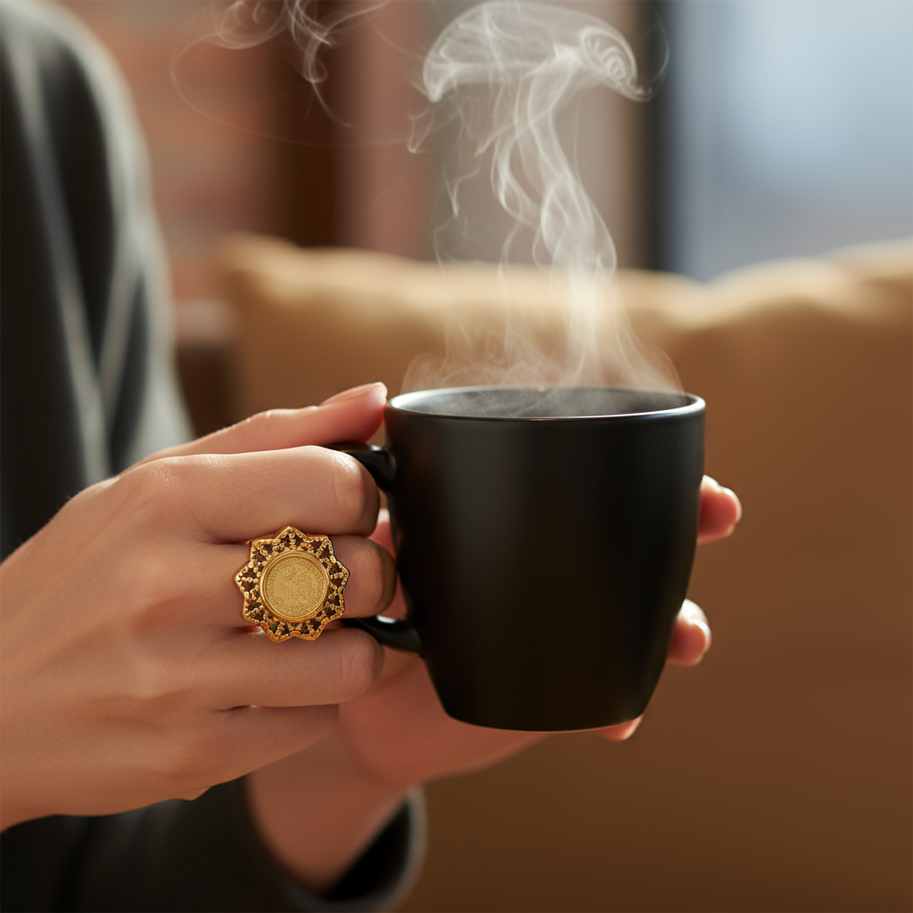 Femme portant une bague et un café fumant Image
