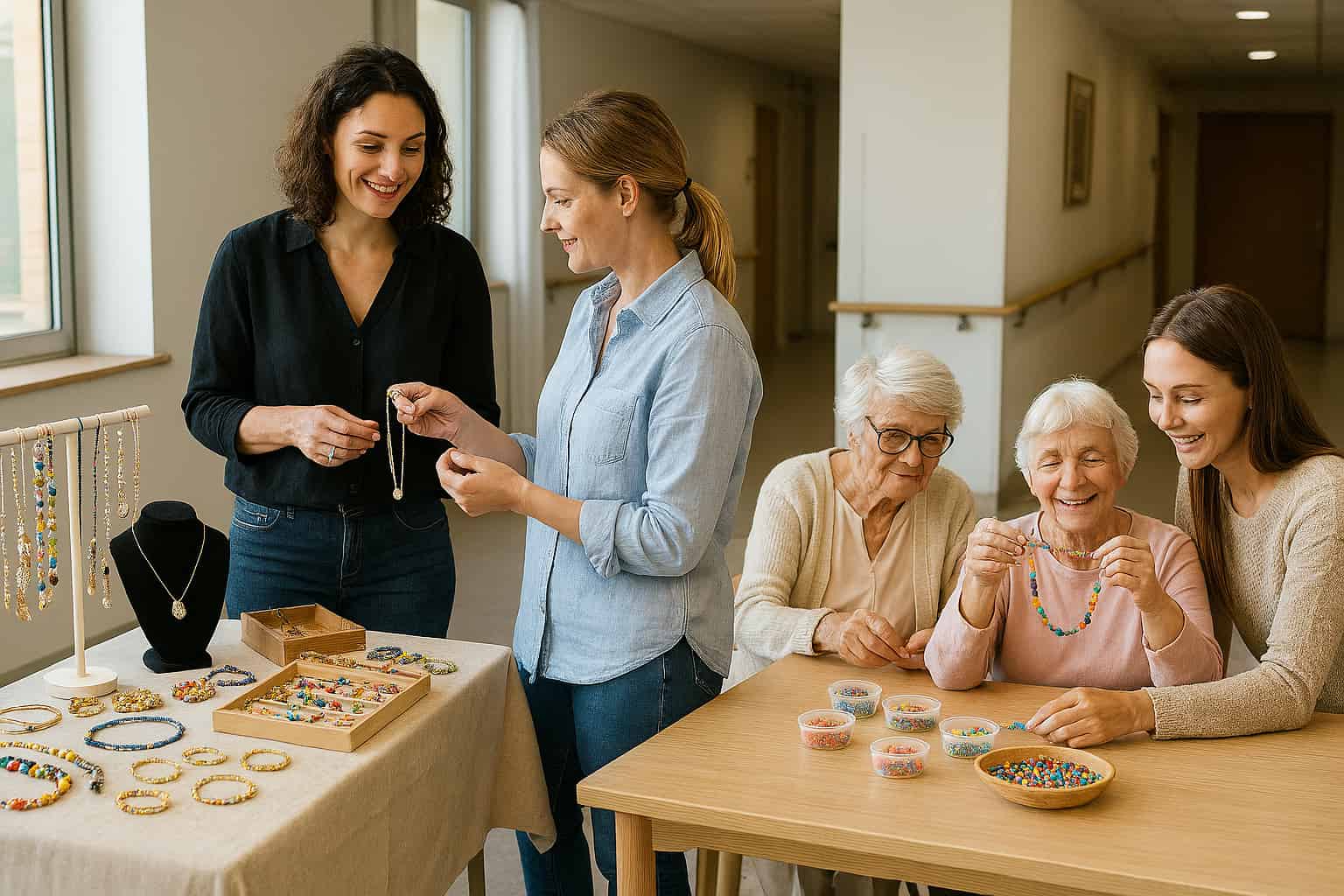 Une femme qui propose des bijoux dans une maison de retraite Image