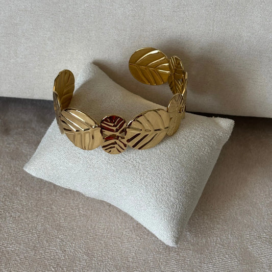 Bracelet doré |Bracelet rigide ajustable doré |Motif feuilles | Acier inoxydable
