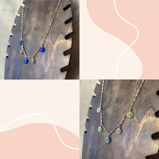 Collier fantaisie |Breloques de fleurs colorées rose bleu | Acier inoxydable