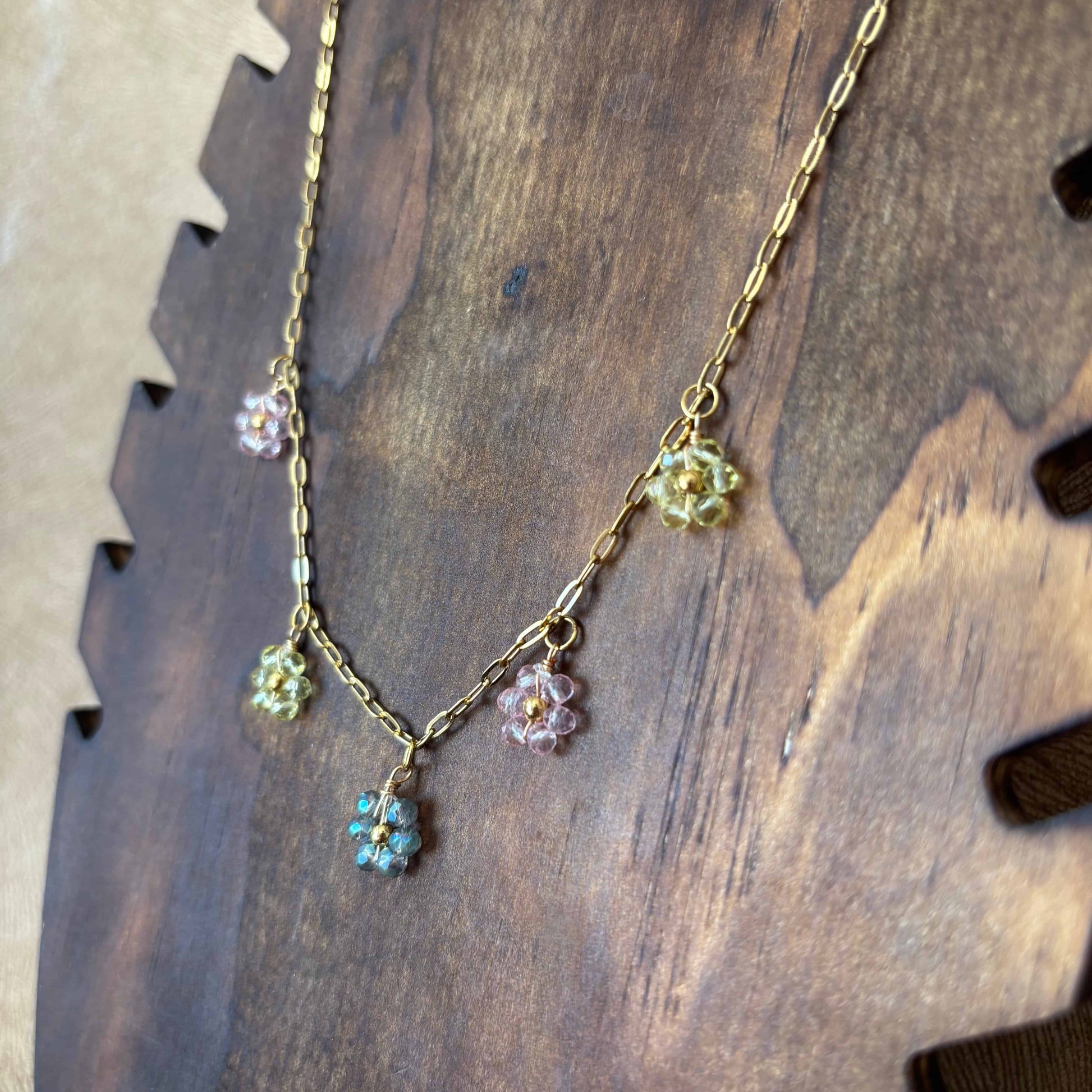 Collier fantaisie |Breloques de fleurs colorées rose | Acier inoxydable