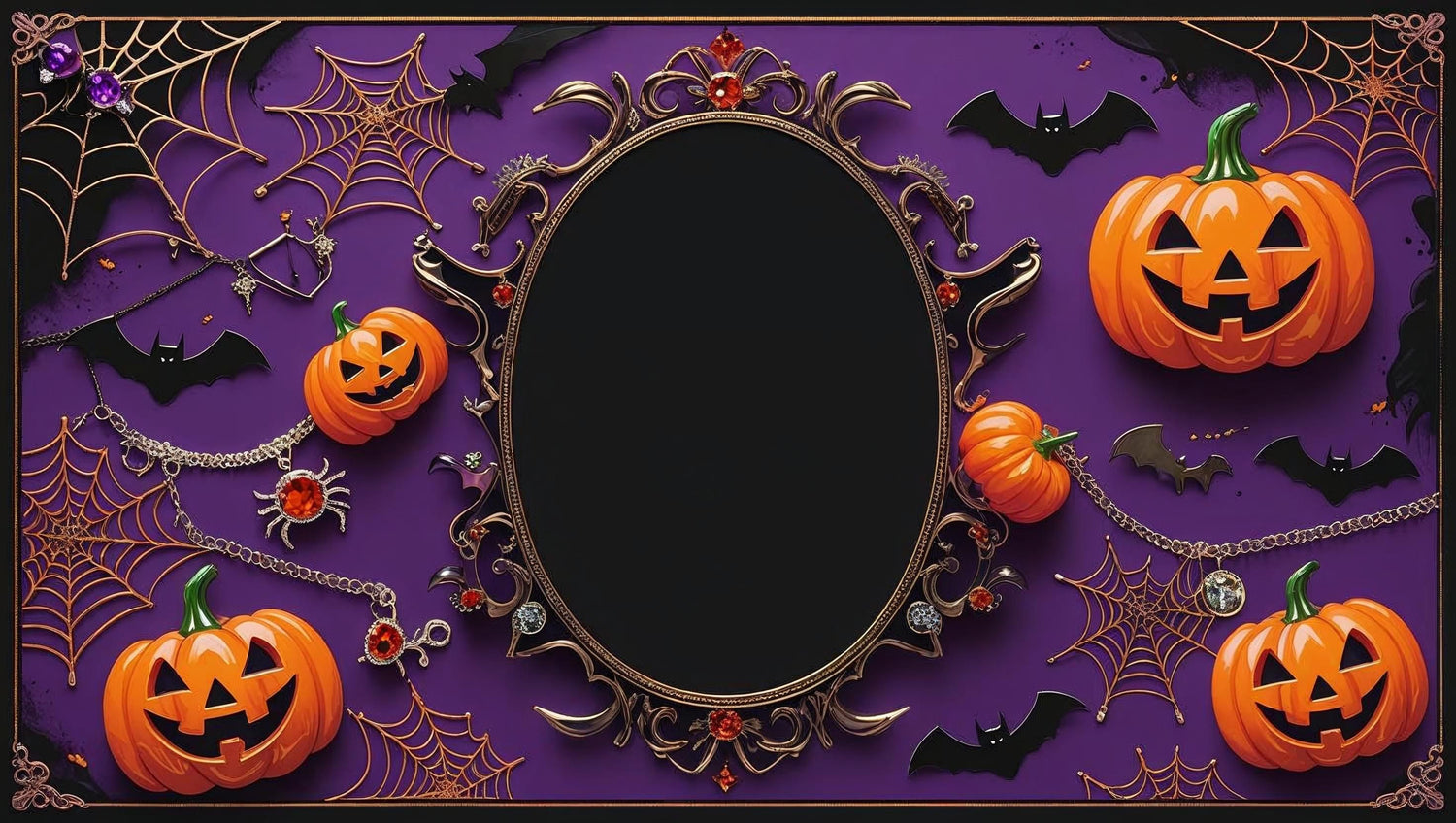 Bannière halloween pour le site internet prêtes à briller avec un miroir au centre et des citrouilles et des chauve-souris tout autour