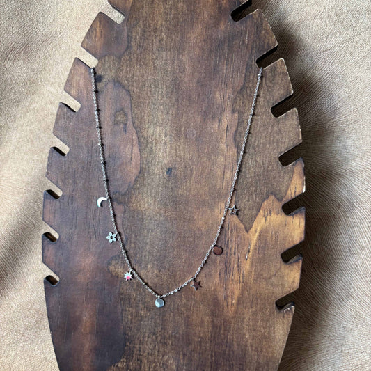 Collier argenté | Breloques fleurs lune étoile et soleil | Acier inoxydable