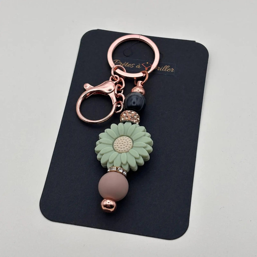 Porte clé artisanal en perles acryliques et fleur bleu canard