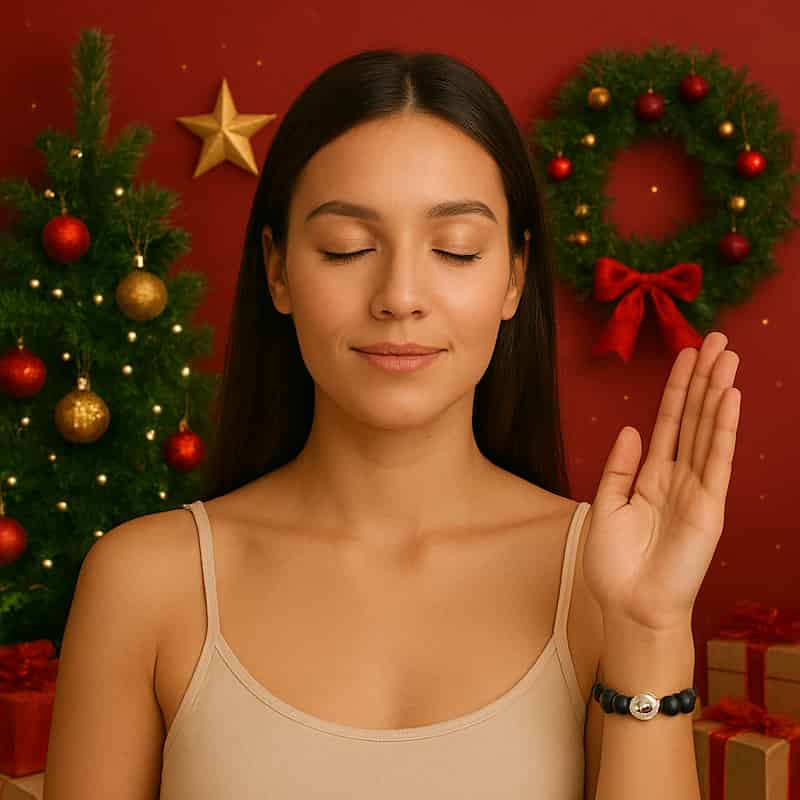 Une femme zen qui porte un bracelet en perles avec le signe du zodiaque