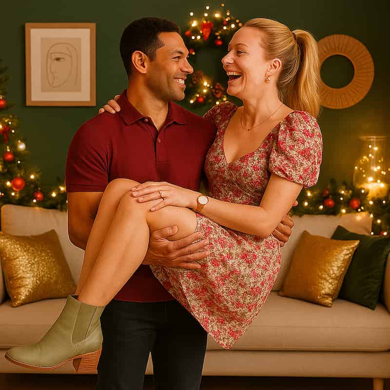 Une femme qui sourit dans les bras de son chérie devant un canapé à noël