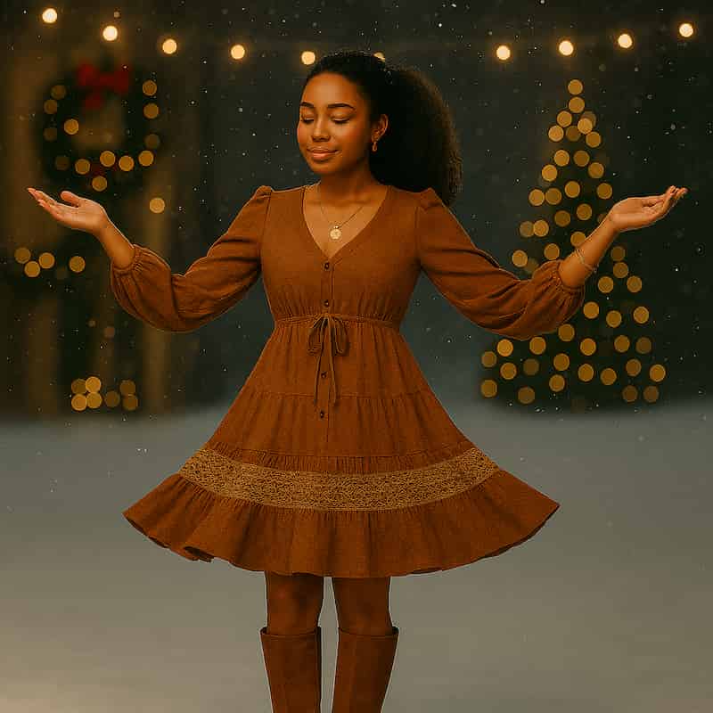 Une femme métisse dans la forêt qui tourbillonne à noël