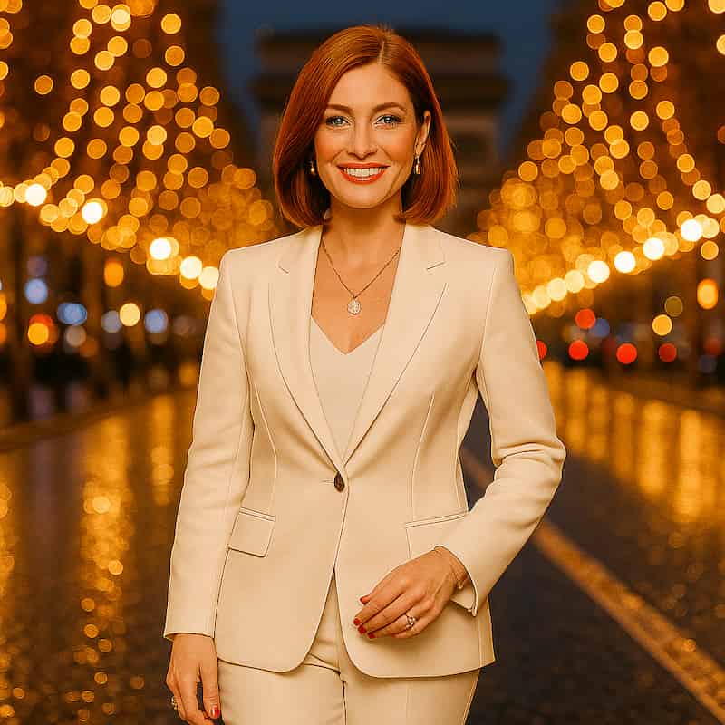 Une femme en tailleur sur l'avenue des Champs élysées à Noël