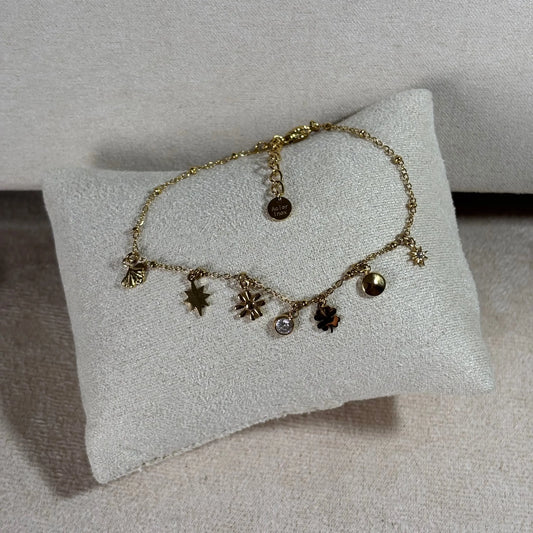 Bracelet doré |Petits maillons |Breloques étoile fleur trèfle coquillage |Breloques brillants  feuille pastilles soleil | Acier inoxydable