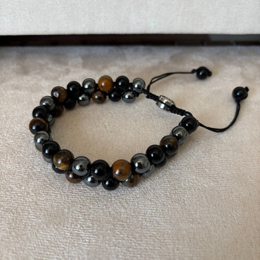 Bracelet homme | Double rang | Perles œil de tigre |Hématite et obsidienne noire | Sur lien réglable noir