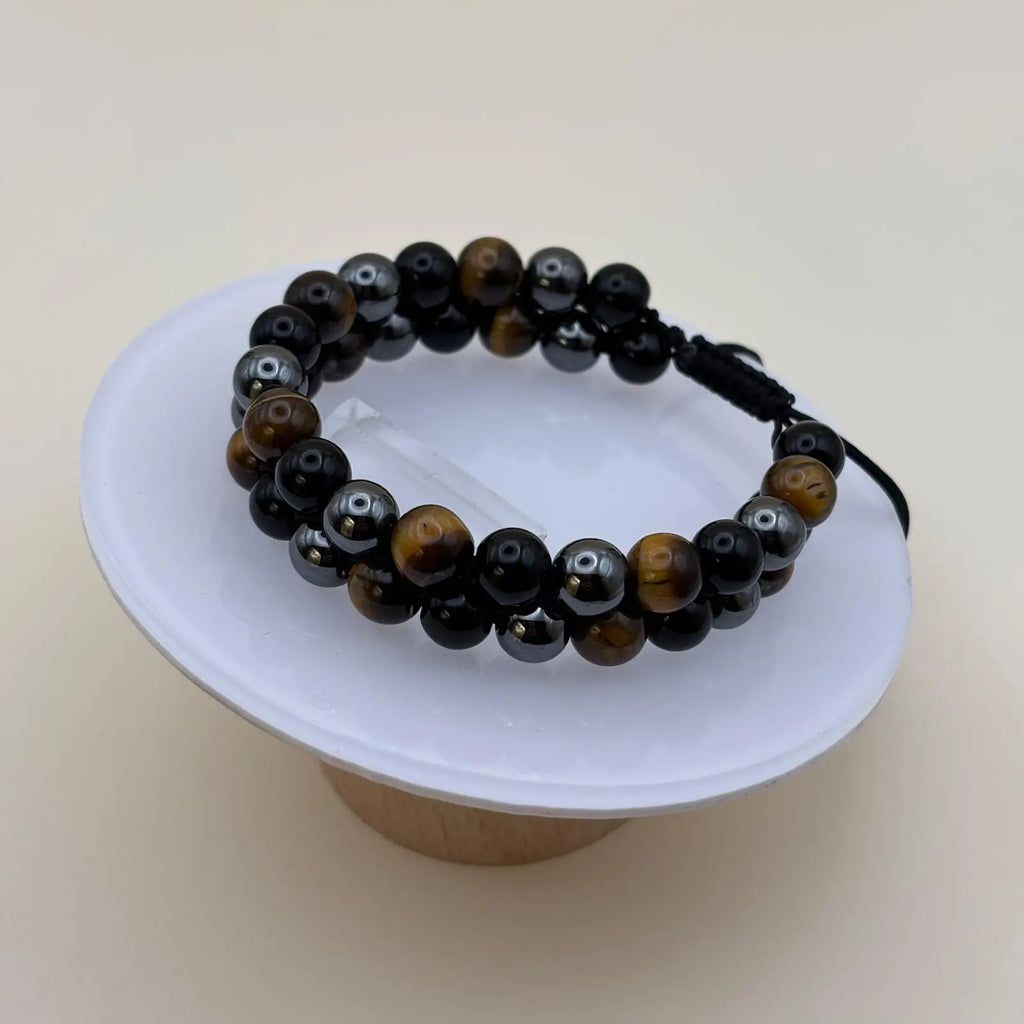 Bracelet pour homme double rang avec des perles œil de tigre hématite et obsidienne noire sur in lien réglable noir