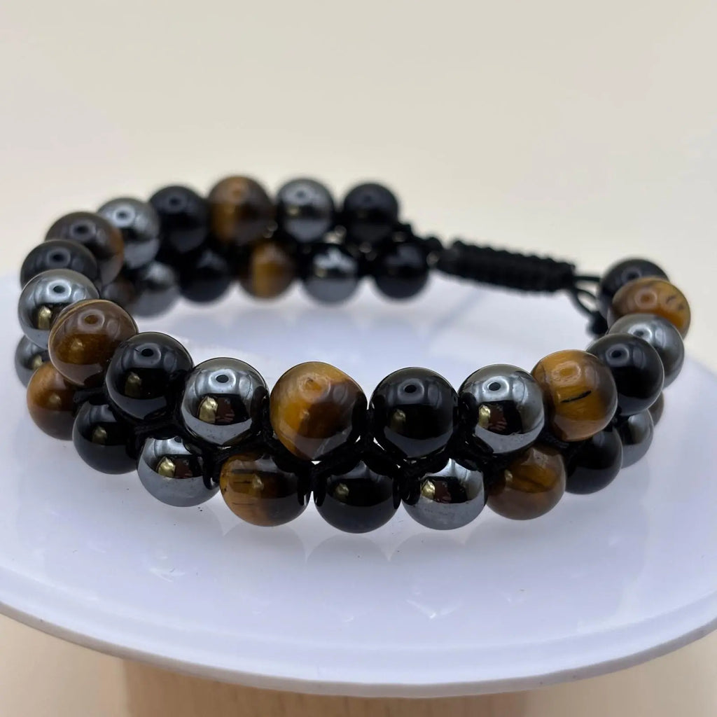 Bracelet homme double rang avec des perles œil de tigre hématite et obsidienne noire sur in lien réglable noir