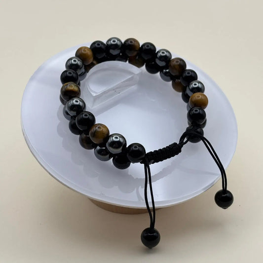 Bracelet homme double rang avec des perles œil de tigre hématite et obsidienne noire sur in lien réglable noir