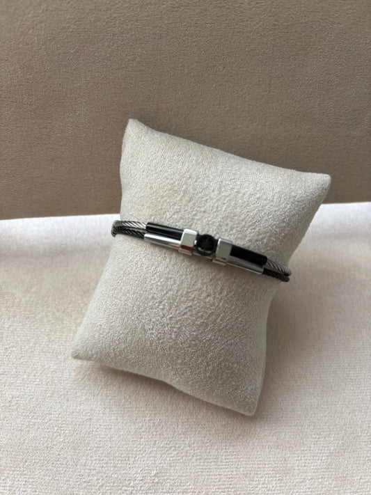 Bracelet argenté homme | Câble tressé noir acier inoxydable | Détail central rose des vents