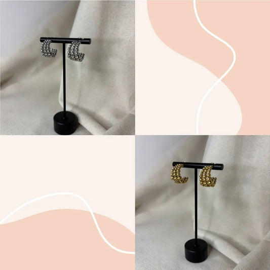 Boucles d'oreilles | Façon créole | Triple rang en perles | Or ou argent | Acier inoxydable