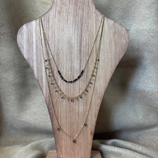 Collier multirangs doré |Trois motifs différents soleil et perles | Acier inoxydable