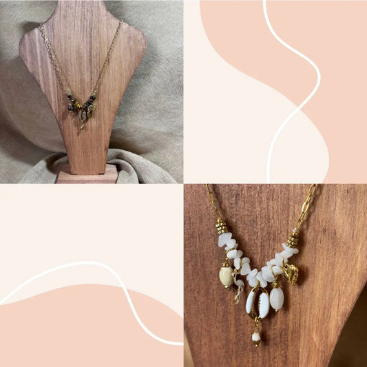 Collier fantaisie | Chaine dorée et breloques cœur flamant |Coquillages et perles blanches | Acier inoxydable