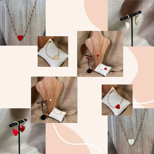 Parure collier - bracelet et boucles d'oreilles
Pendentif cœur coloré blanc et rouge