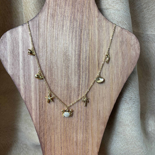 Collier doré |Avec breloques coquillage, palmier, crabe, étoile de mer, baleine |Acier inoxydable