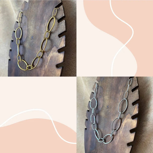 Collier doré ou argenté |Anneaux ovales lisses et torsades | Acier inoxydable