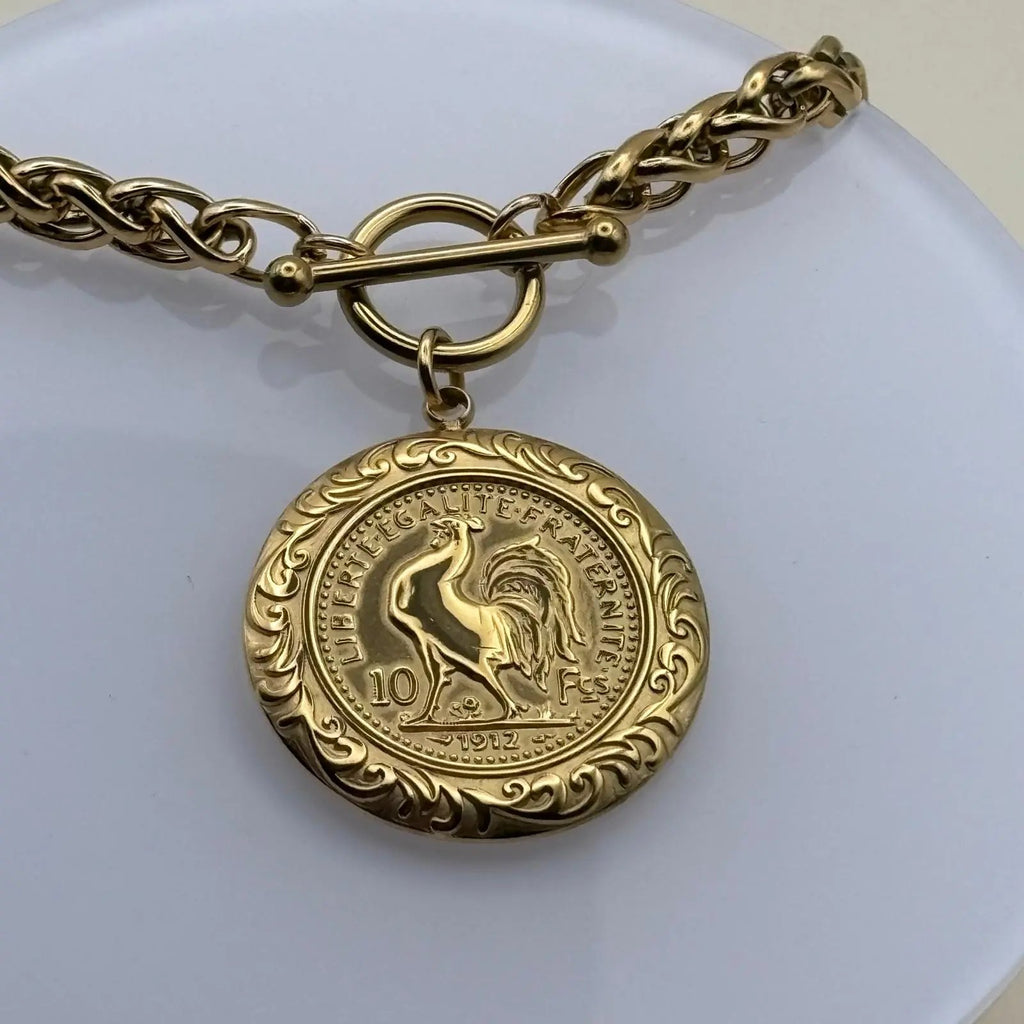 Collier doré en forme de médaillon coq français liberté égalité fraternité en acier inoxydable