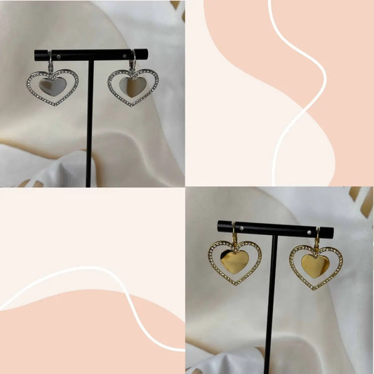 Boucles d'oreilles |Motif double cœur entouré de strass | Or ou argent | Acier inoxydable